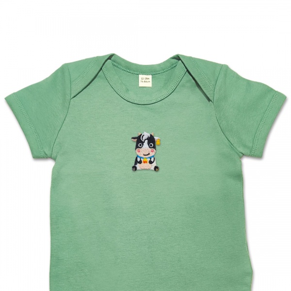 Organic Baby Boys Body Suit - Cartoon Cow Embroidery