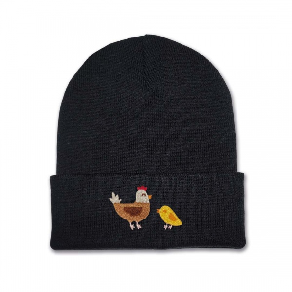 Kids Hen and Chick Beanie Hat Facing Embroidery