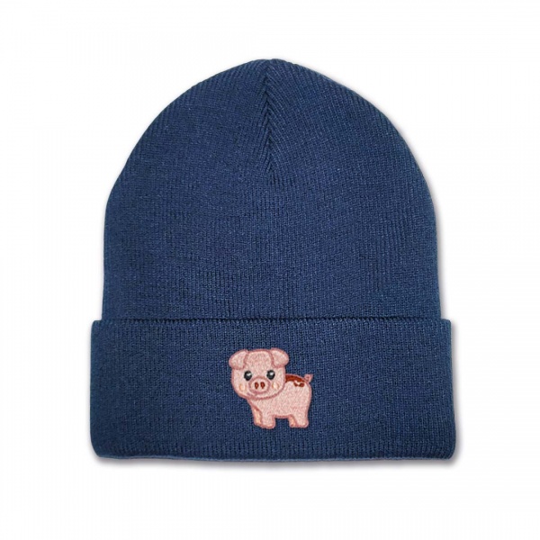Kids Pig Beanie Hat Left Facing- Pink Embroidery