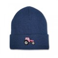 Kids Tractor Beanie Hat - Bright Pink Embroidery