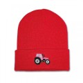 Kids Tractor Beanie Hat - Bright Pink Embroidery