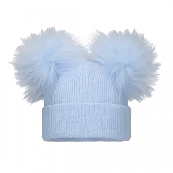 Baby Double Bobble Hat - Pastel Blue