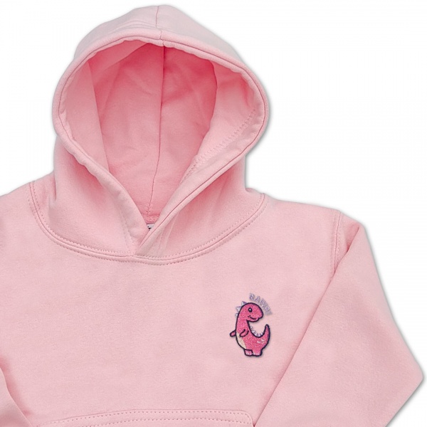 Organic Girls Dinosaur Hoodie - Bright Pink Embroidery