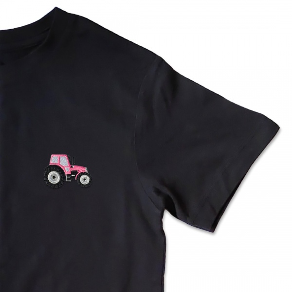 Organic Kids Tractor T Shirt - Bright Pink Embroidery