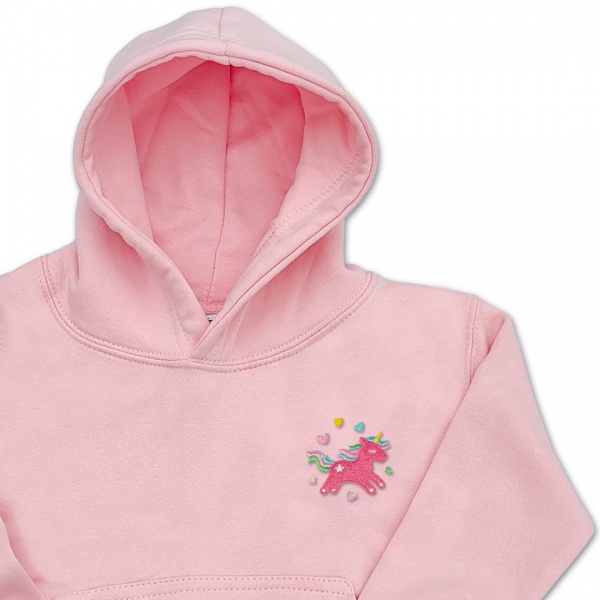 Organic Kids Unicorn Hoodie - Bright Pink Embroidery