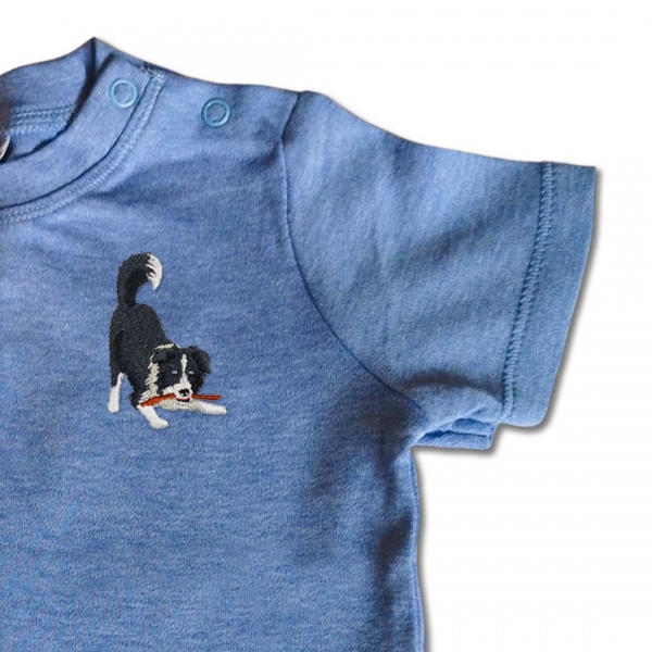 Baby Organic Playful Collie Dog T Shirt - Black Embroidery