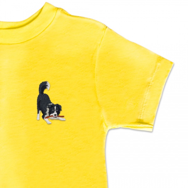 Organic Kids Playful Border Collie Dog T Shirt - Black Embroidery