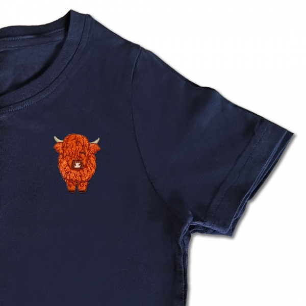 Organic Kids Highland Cow T Shirt - Tan Embroidery