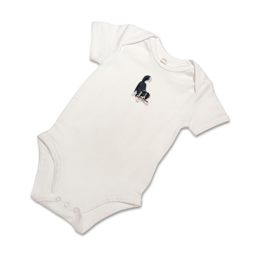 Organic Baby Body Suit - Playful Collie Dog Embroidery