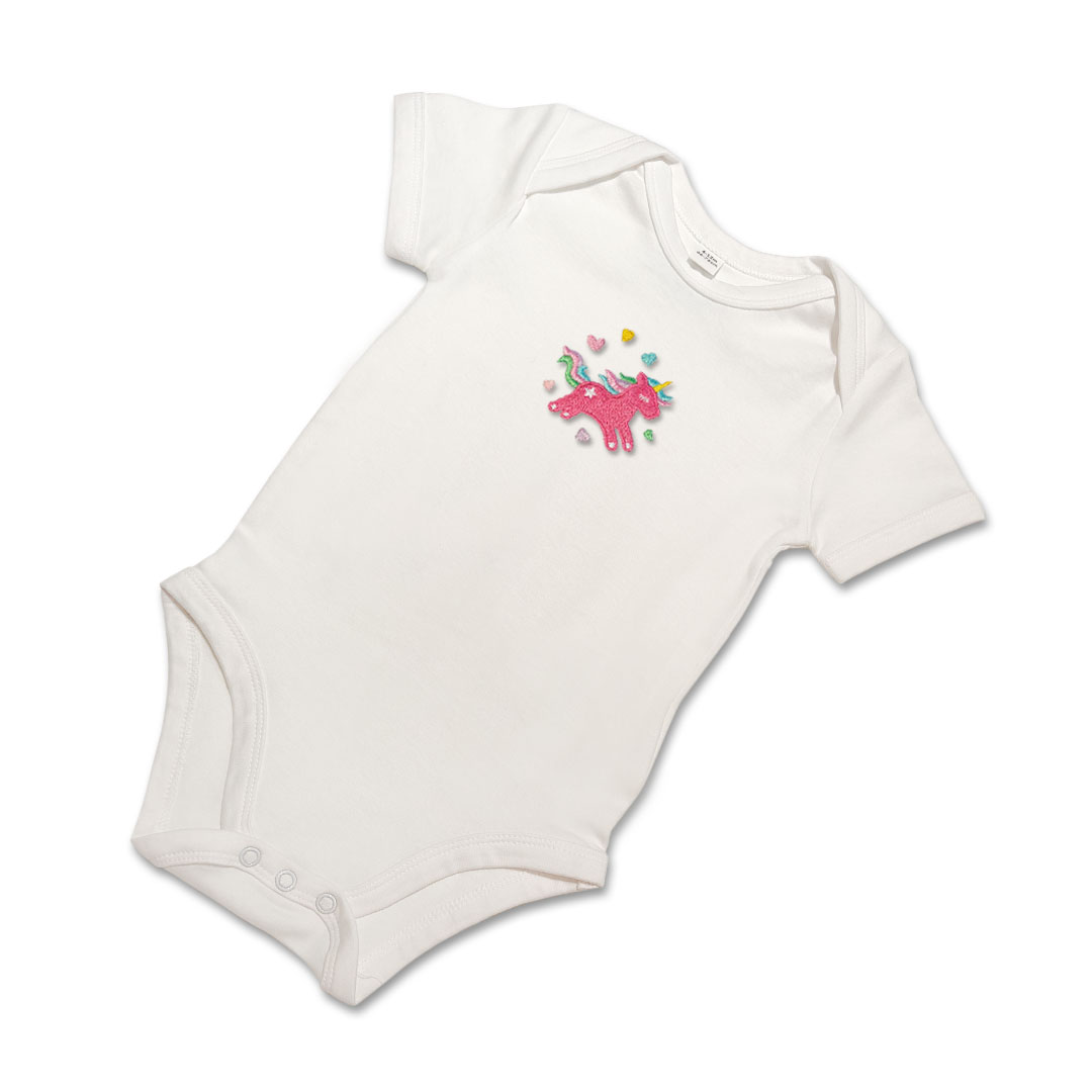 Organic Baby Body Suit - Bright Pink Unicorn Embroidery