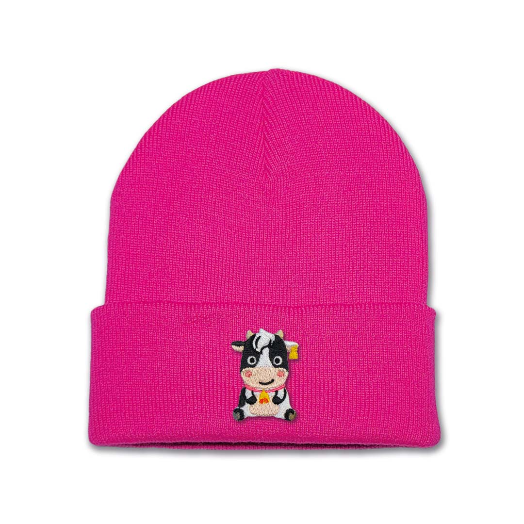 Kids Girl Cow Beanie Hat - Pink Embroidery