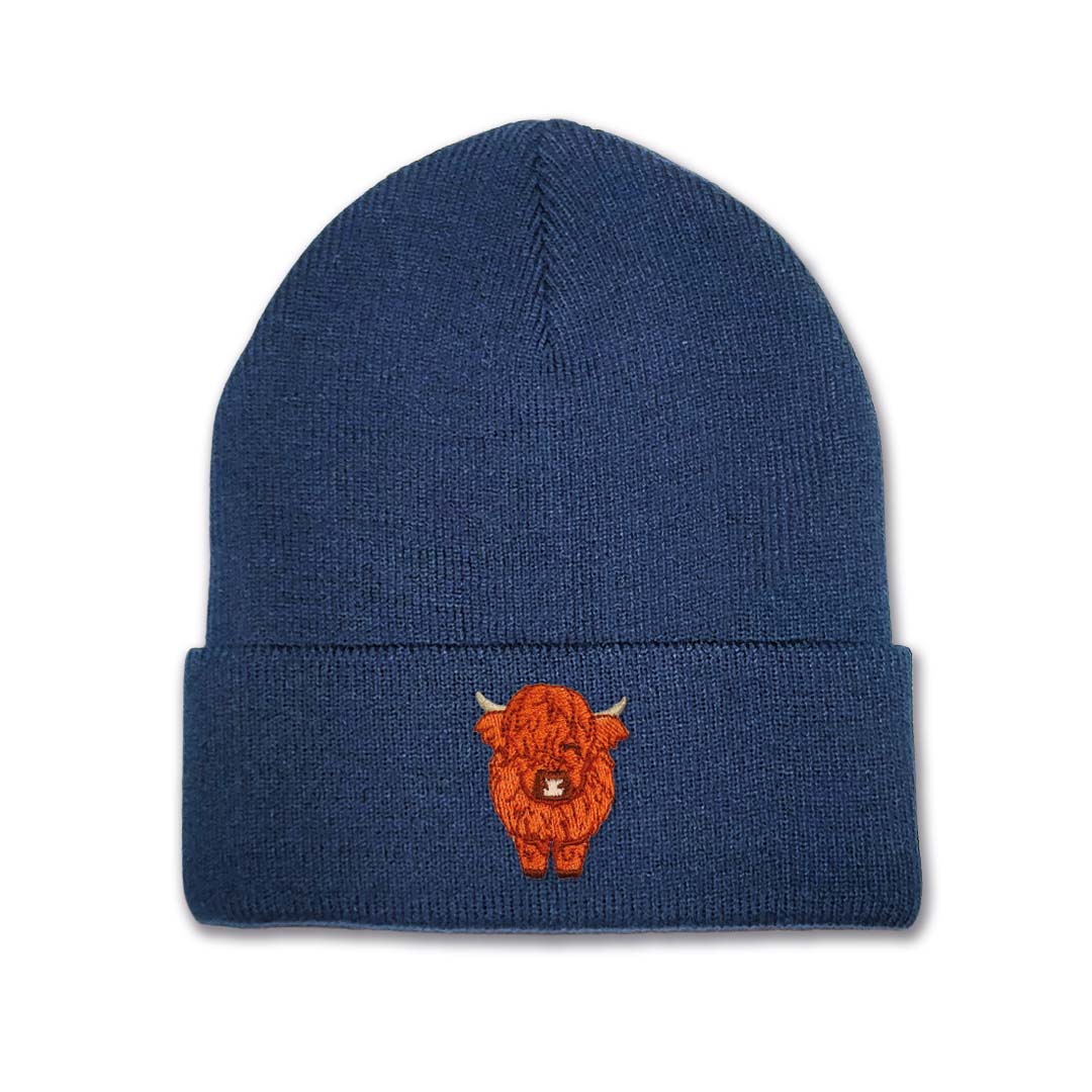 Kids Highland Cow Beanie Hat - Tan Embroidery