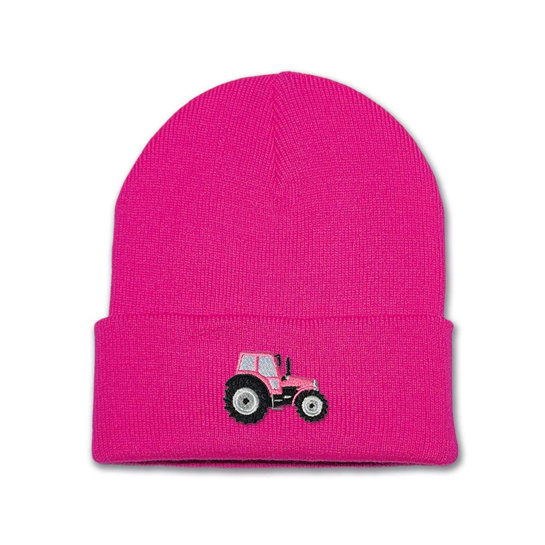 Kids Tractor Beanie Hat - Bright Pink Embroidery
