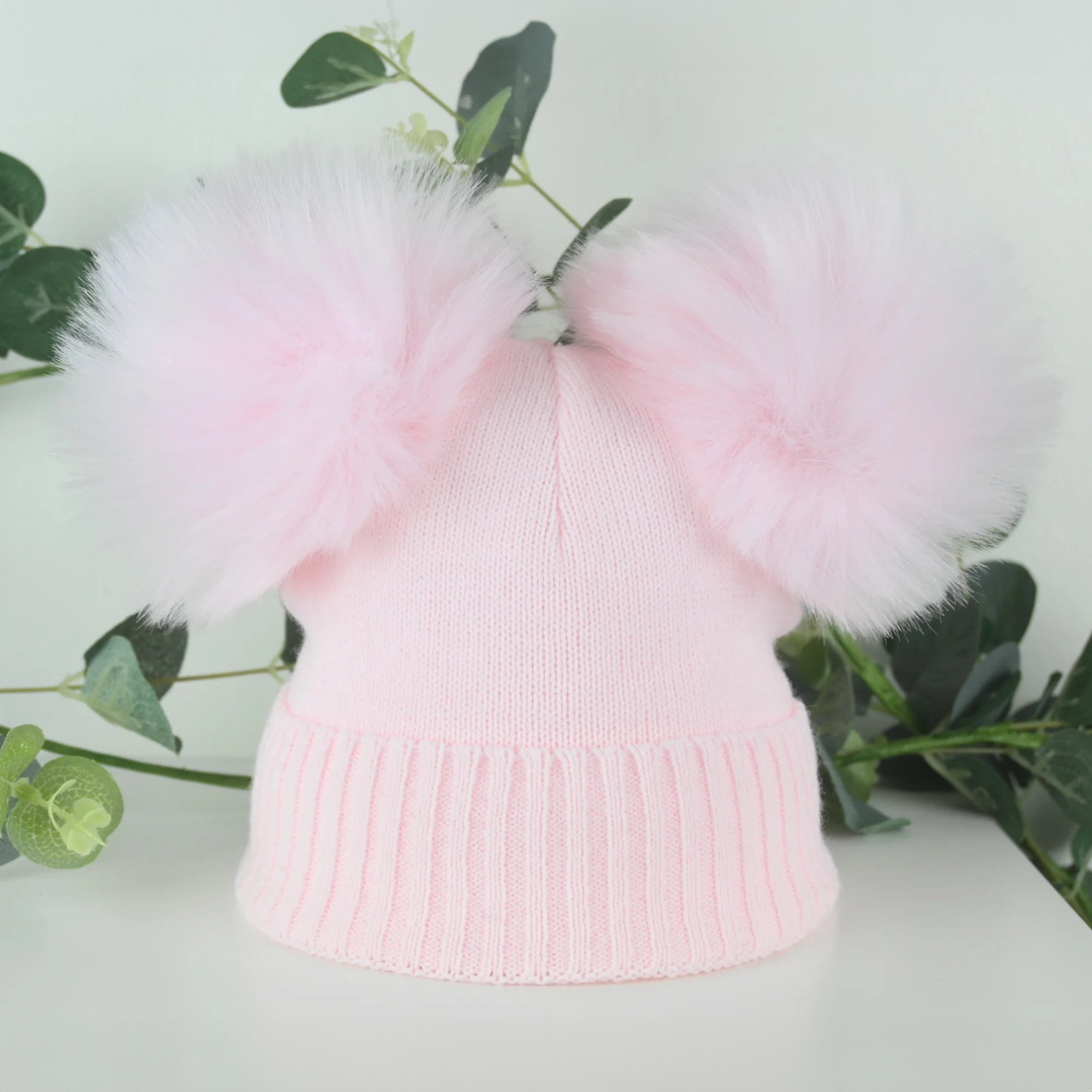 Baby Double Bobble Hat - Blush Pink