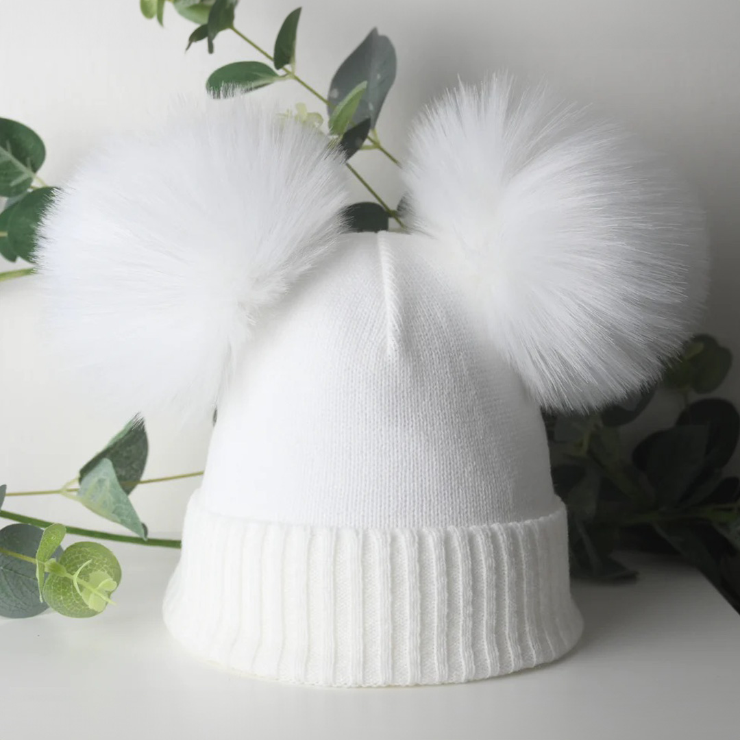 Baby Double Bobble Hat - White