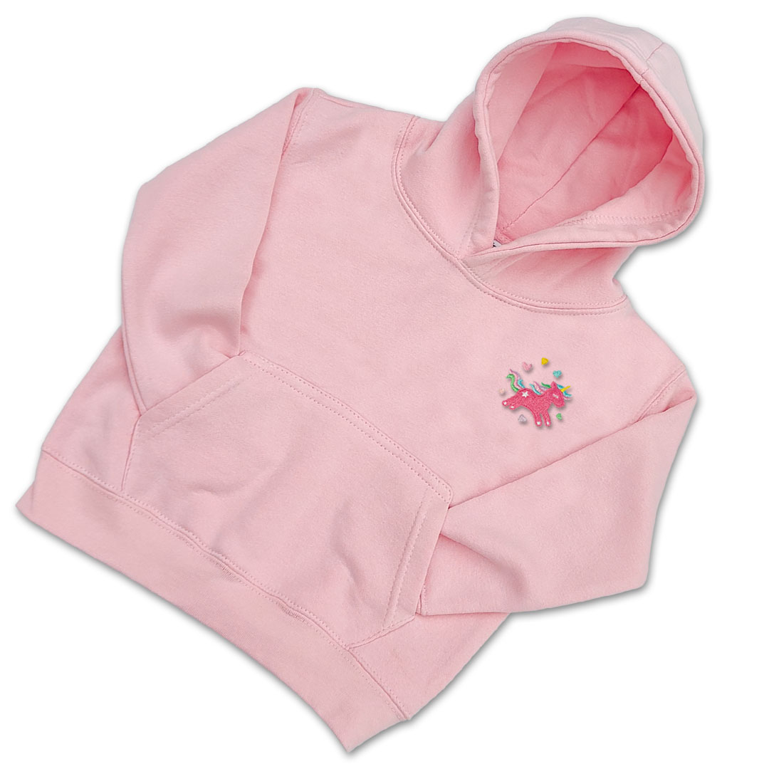 Organic Kids Unicorn Hoodie - Bright Pink Embroidery