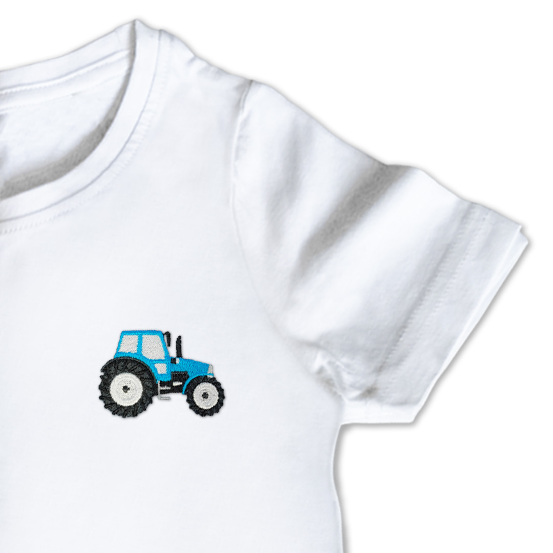 Organic Kids Tractor T Shirt - Blue Embroidery