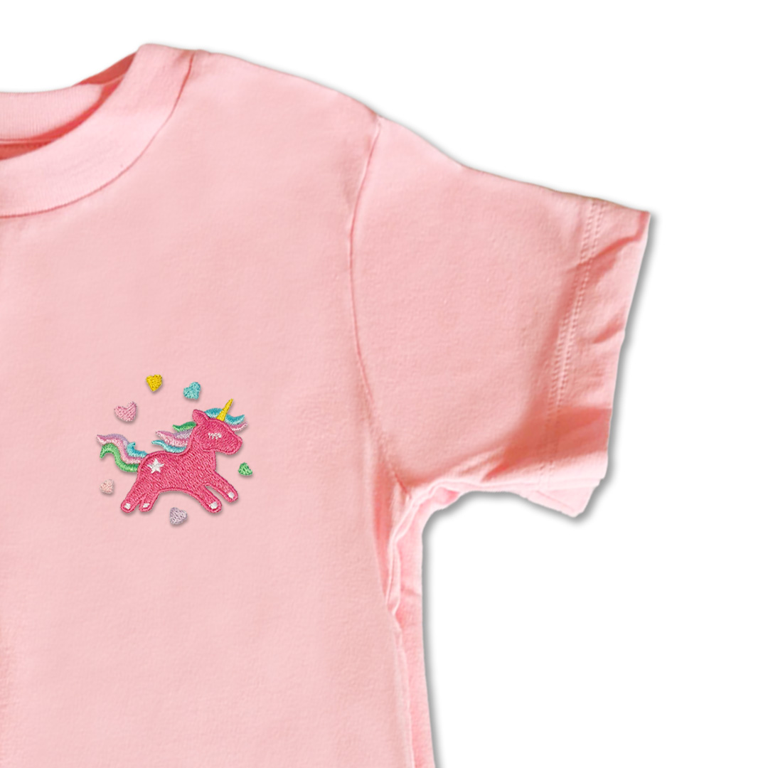 Organic Kids Unicorn T Shirt - Bright Pink Embroidery