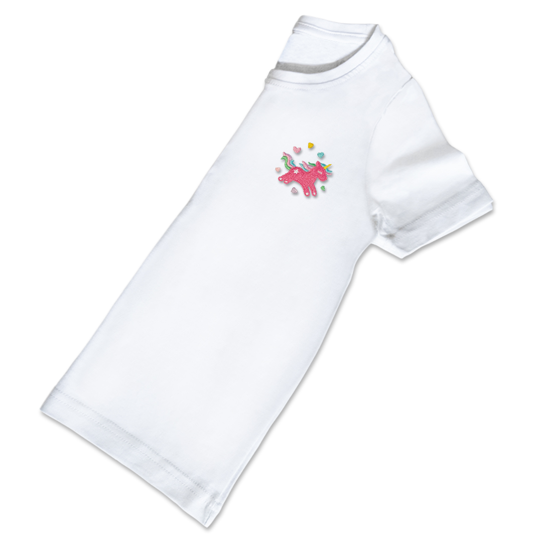 Organic Kids Unicorn T Shirt - Bright Pink Embroidery