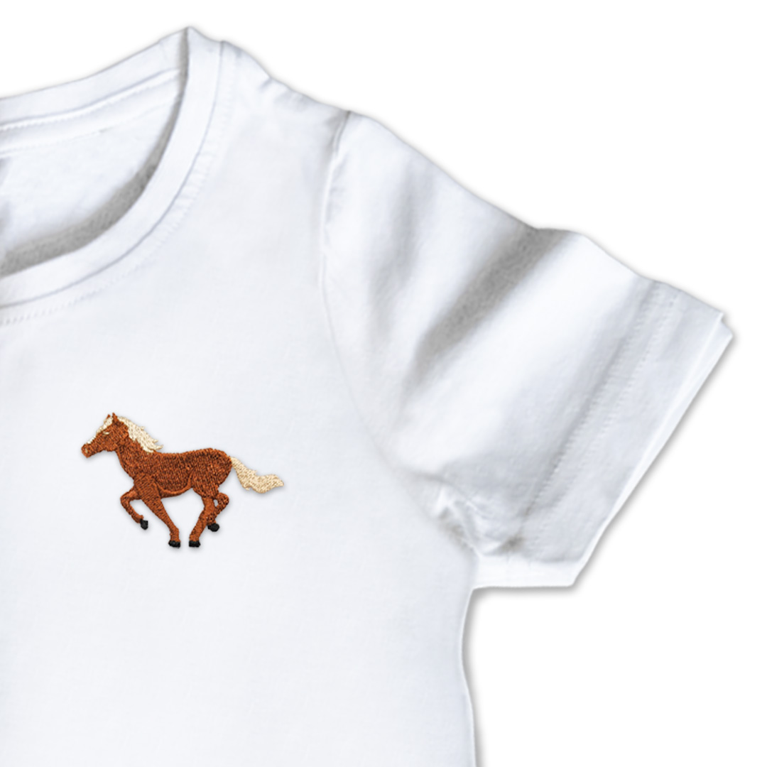 Organic Kids Running Horse T Shirt - Brown Embroidery