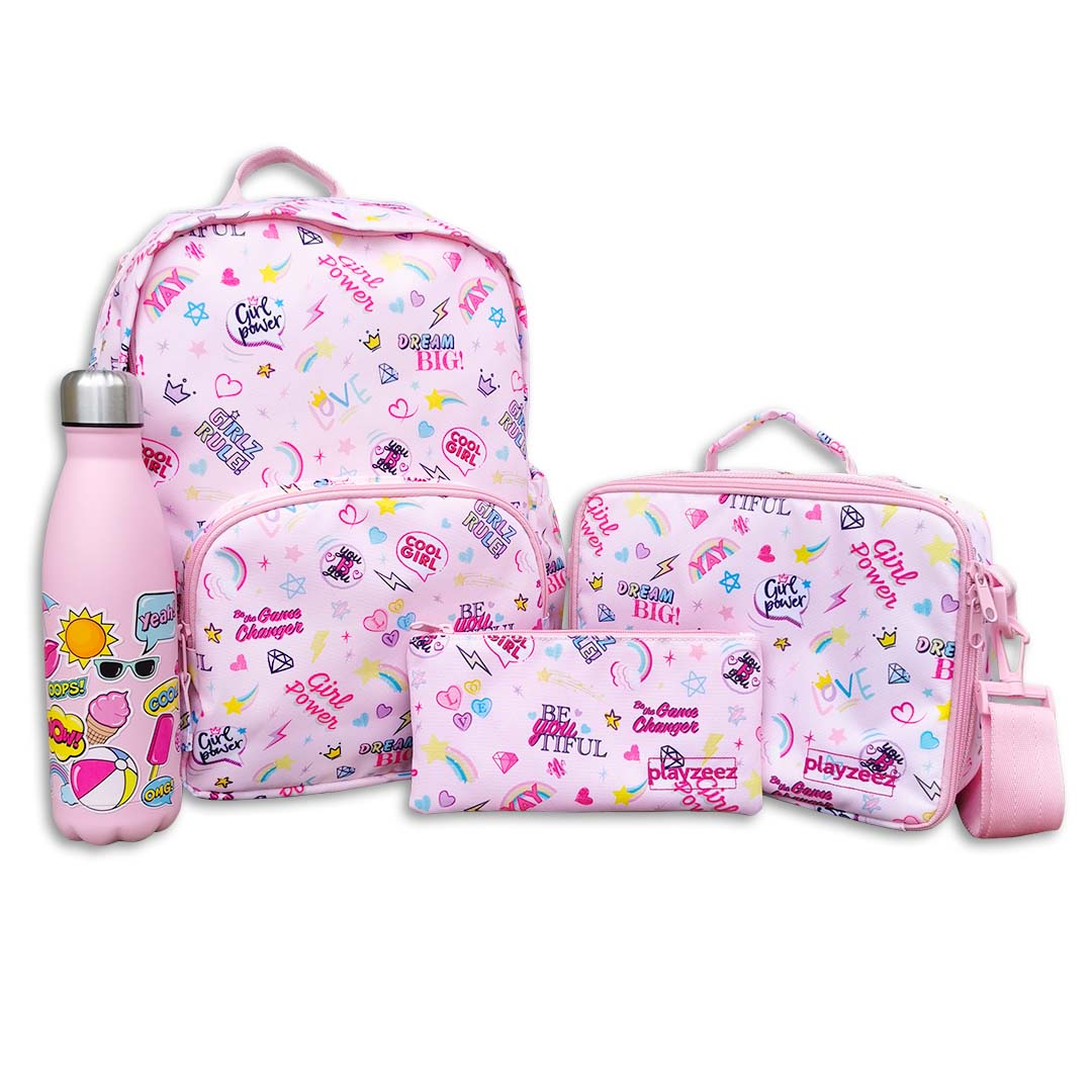 Girls Pink Backpack School Set - 'Girl Power' print