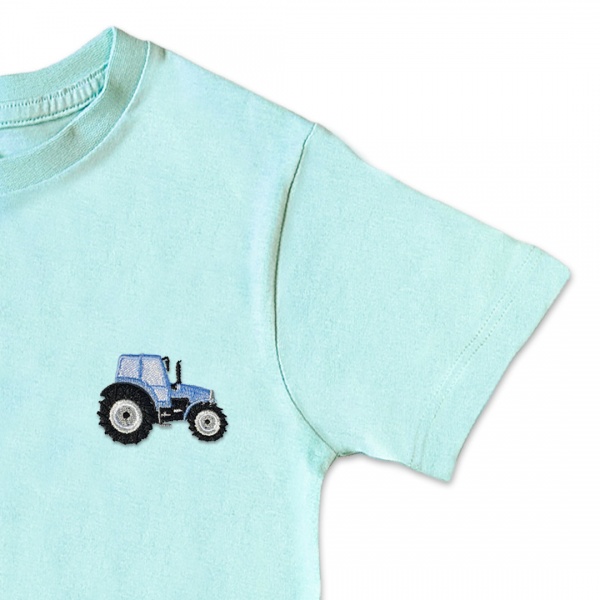 Organic Kids Tractor T Shirt - Pale Blue Embroidery