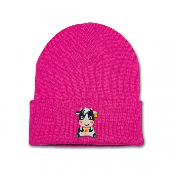 Kids Girl Cow Beanie Hat - Pink Embroidery