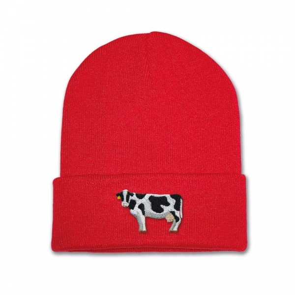 Kids Dairy Cow Beanie Hat - Black Embroidery