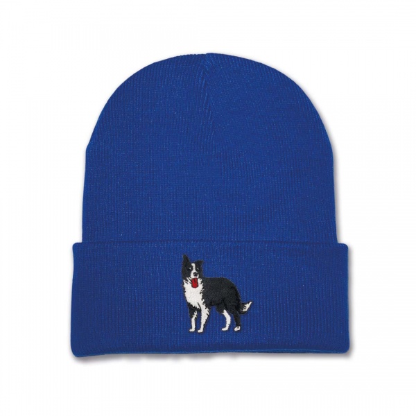 Kids Standing Collie Dog Beanie Hat - Black Embroidery