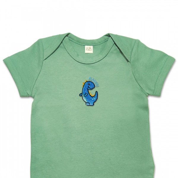 Organic Baby Body Suit - Blue Dinosaur Embroidery