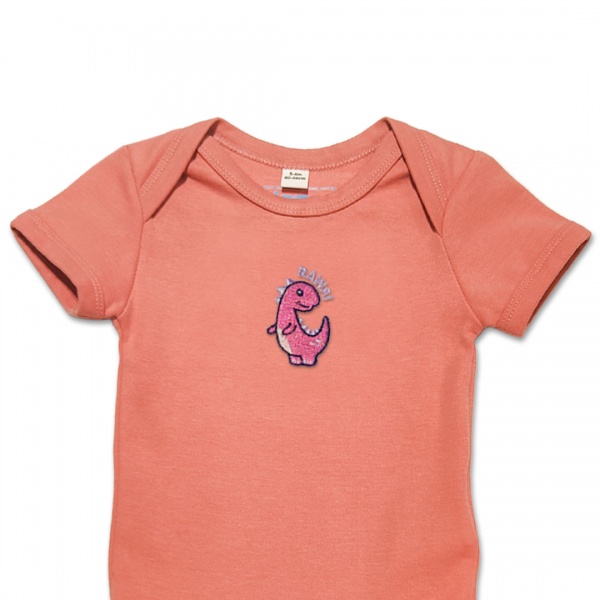 Organic Baby Body Suit - Bright Pink Dinosaur Embroidery