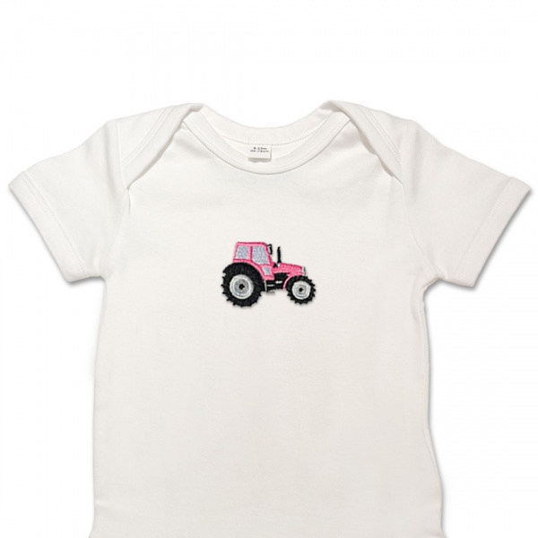 Organic Baby Body Suit - Bright Pink Tractor Embroidery