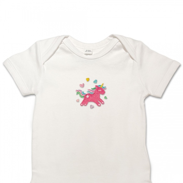 Organic Baby Body Suit - Bright Pink Unicorn Embroidery