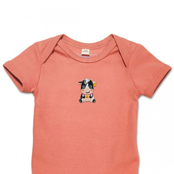 Organic Baby Girls Body Suit - Cartoon Cow Embroidery