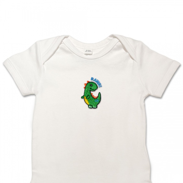 Organic Baby Body Suit - Green Dinosaur Embroidery