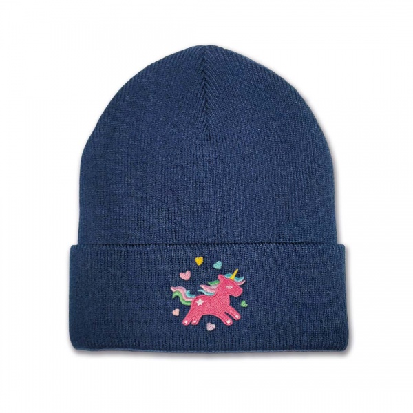 Girls Unicorn Beanie Hat - Bright Pink Embroidery