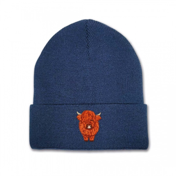 Kids Highland Cow Beanie Hat - Tan Embroidery