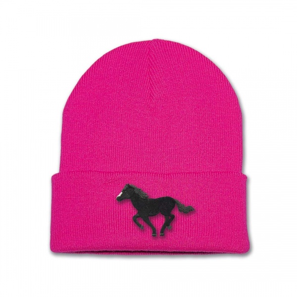 Kids Running Horse Beanie Hat - Black Embroidery