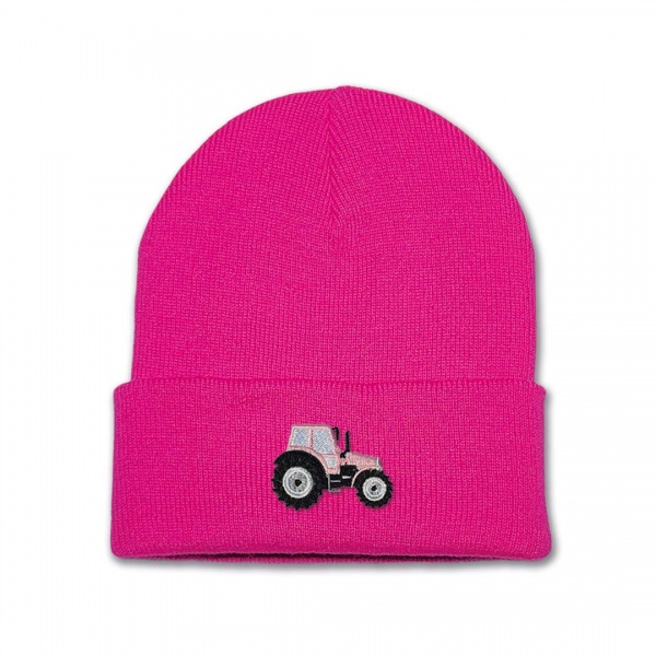 Kids Tractor Beanie Hat - Blush Pink Embroidery