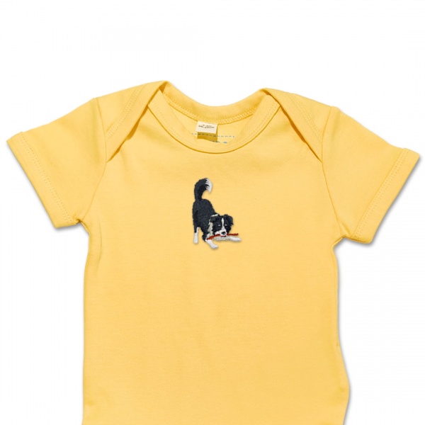 Organic Baby Body Suit - Playful Collie Dog Embroidery