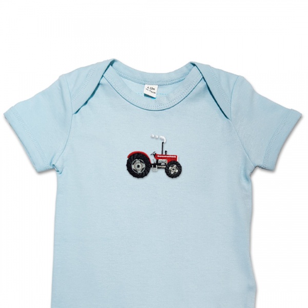 Organic Baby Body Suit - Vintage Tractor Red Embroidery