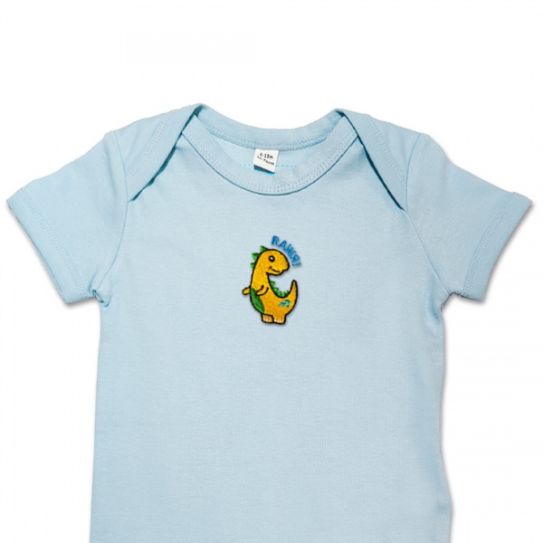 Organic Baby Body Suit - Yellow Dinosaur Embroidery