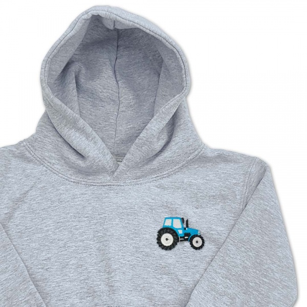 Organic Kids Tractor Hoodie - Blue Embroidery