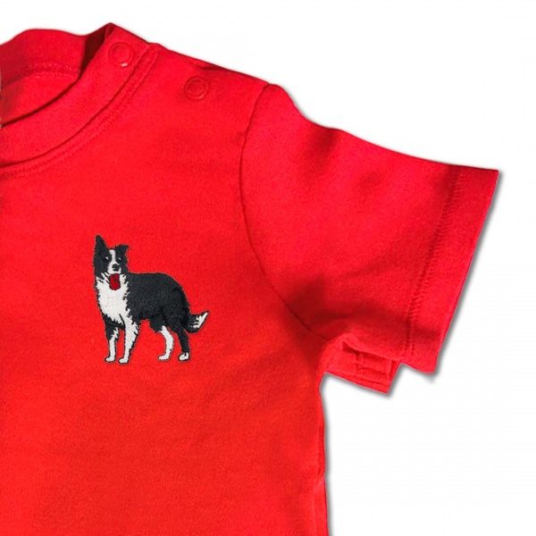 Baby Organic Standing Collie Dog T Shirt - Black Embroidery