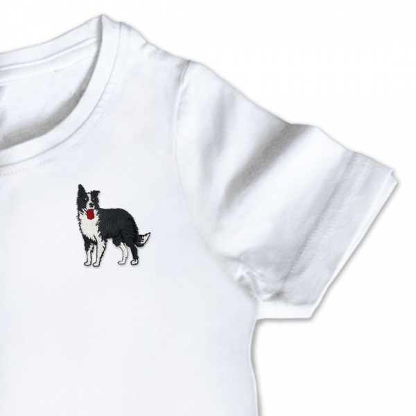 Organic Kids Standing Border Collie Dog T Shirt - Black Embroidery